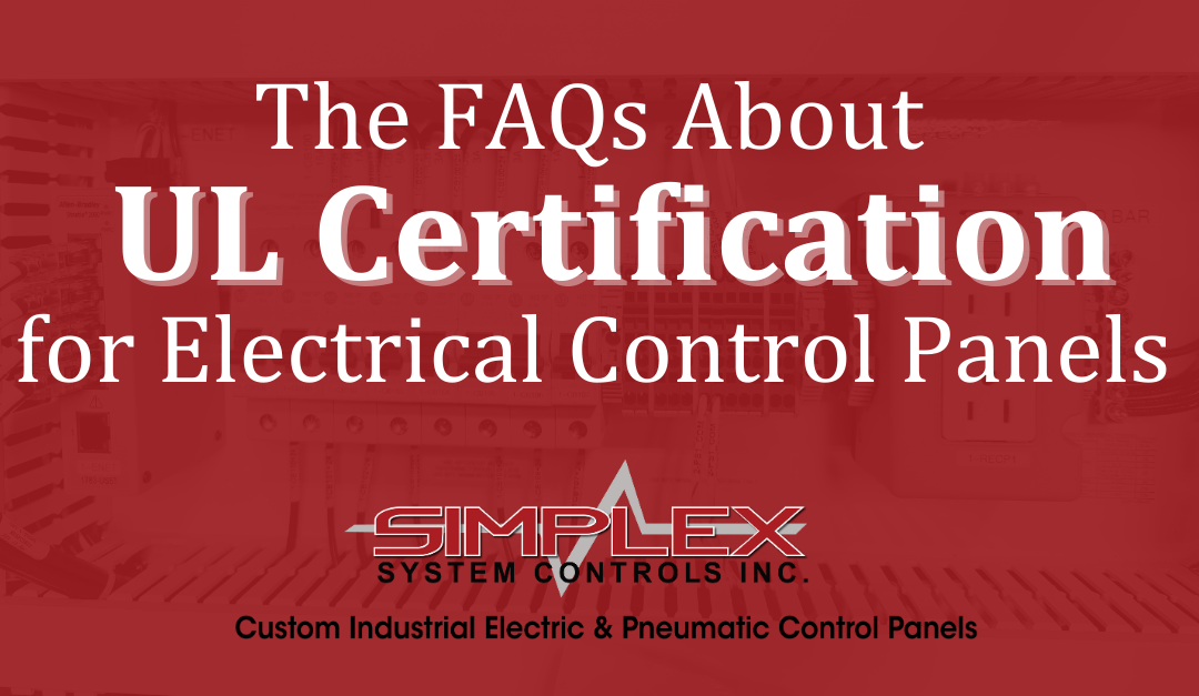 An image with a red background with white and black letters that is titled, The FAQ's ABOUT UL Certification for Electrical Control Panels.